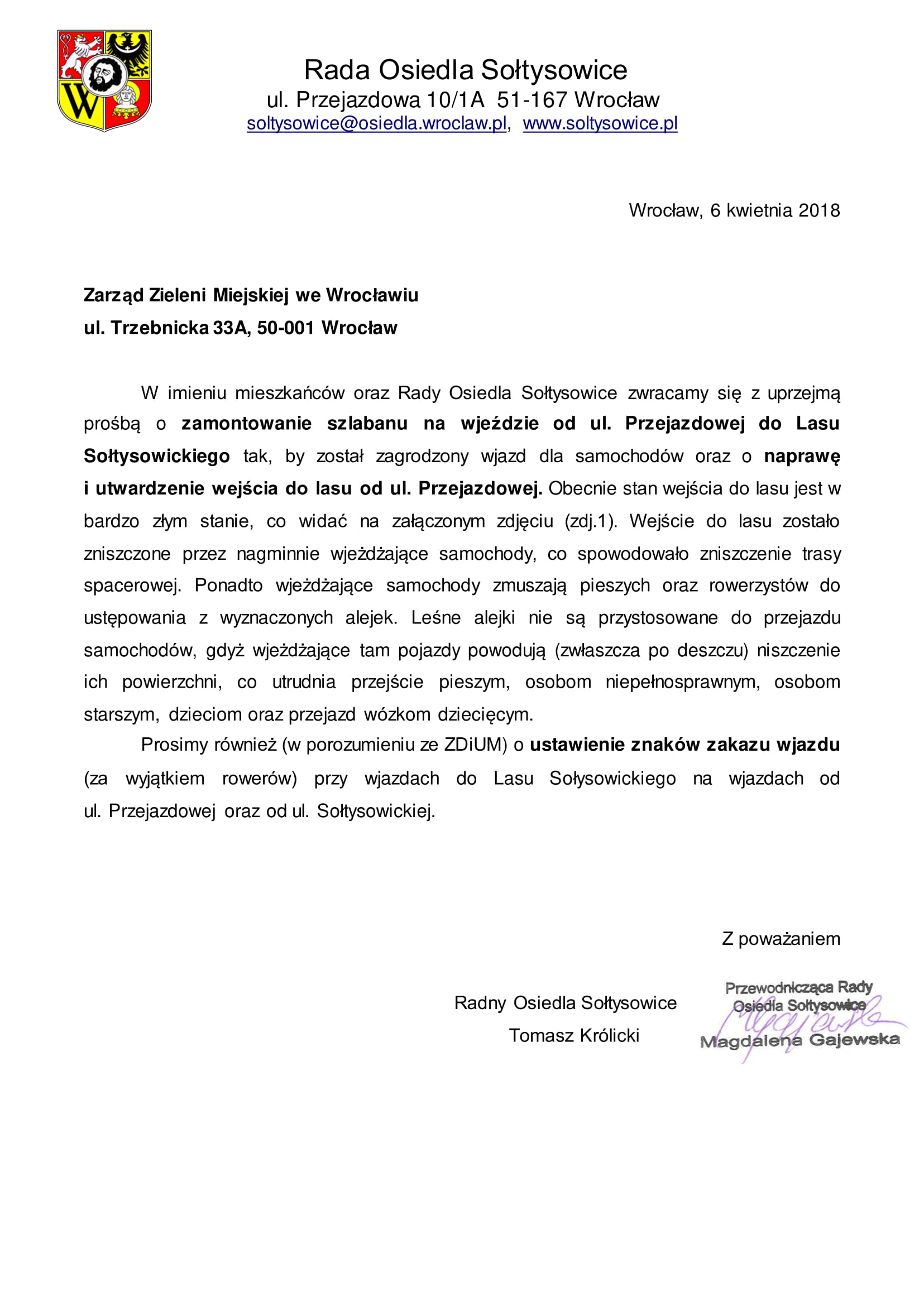 pismo zarząd zieleni miejskiej sołtysowice 1
