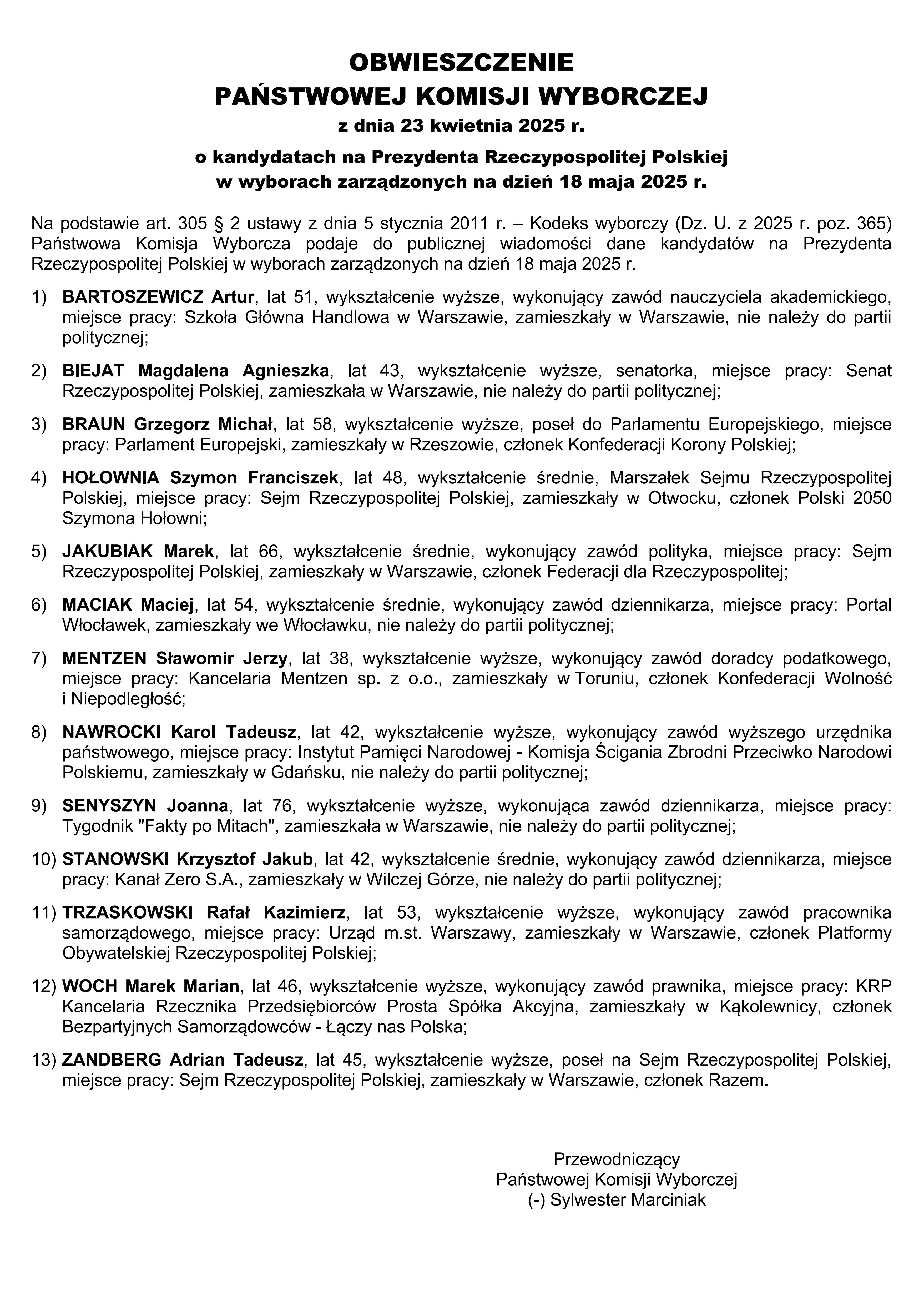 Obwieszczenie PKW z dnia 23.04.2025 o kandydatach na Prezydenta RP w wyborach 18.05.2025