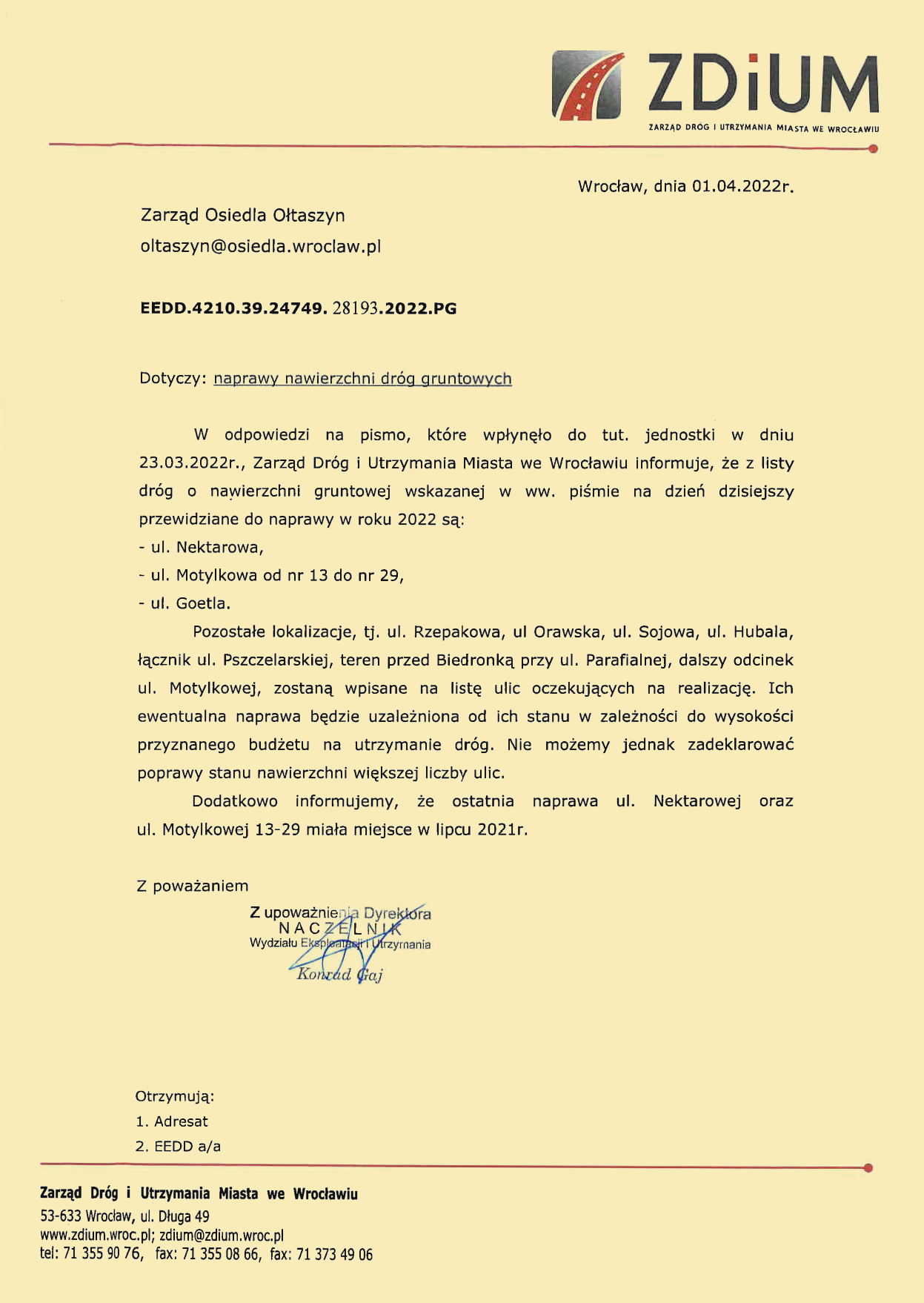 Pismo dot. naprawy nawierzchni dróg gruntowych RO Ołtaszyn