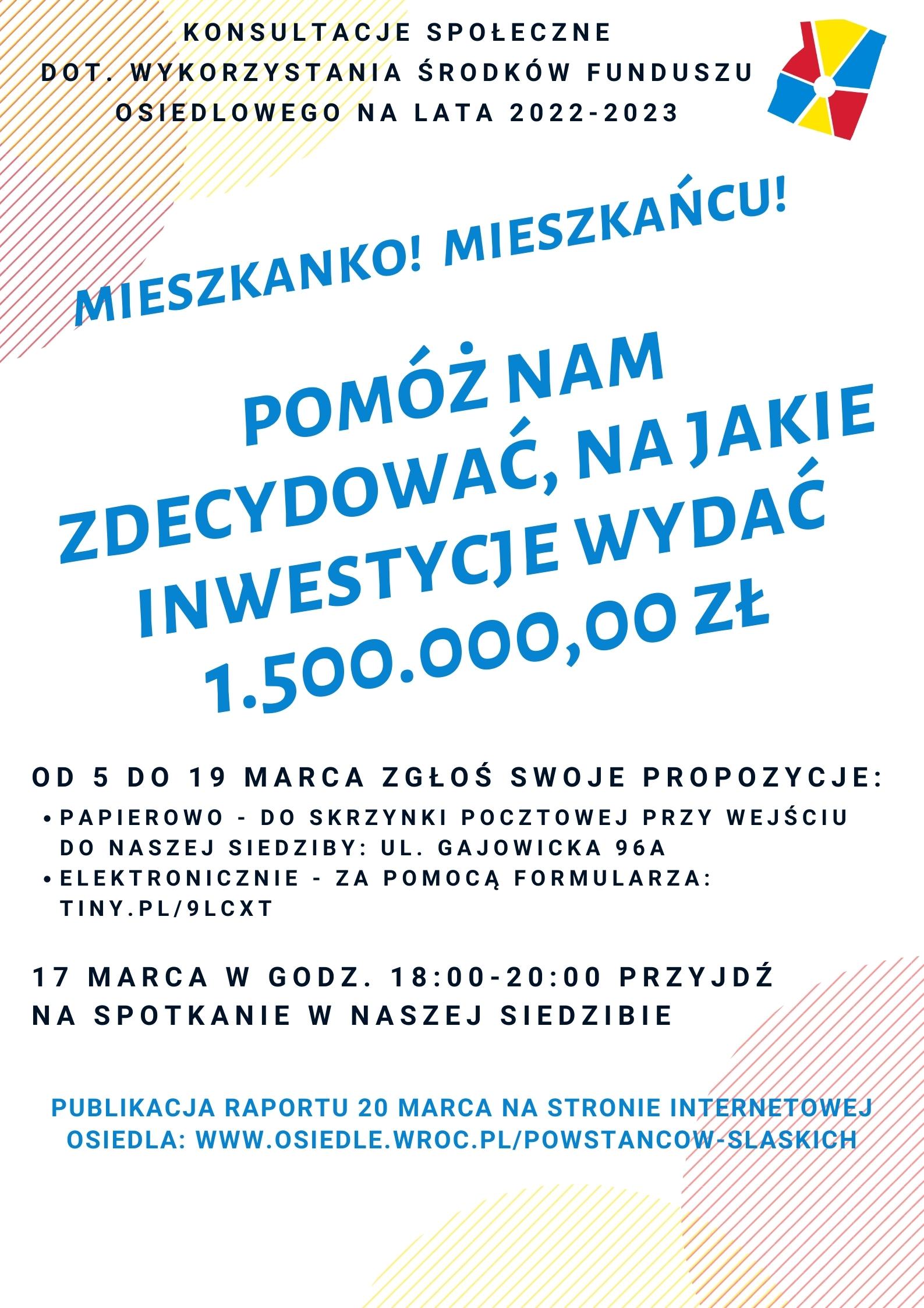 plakat promujący udział w konsultachach społecznych edycji Funduszu Osiedlowego na lata 2022-2023
