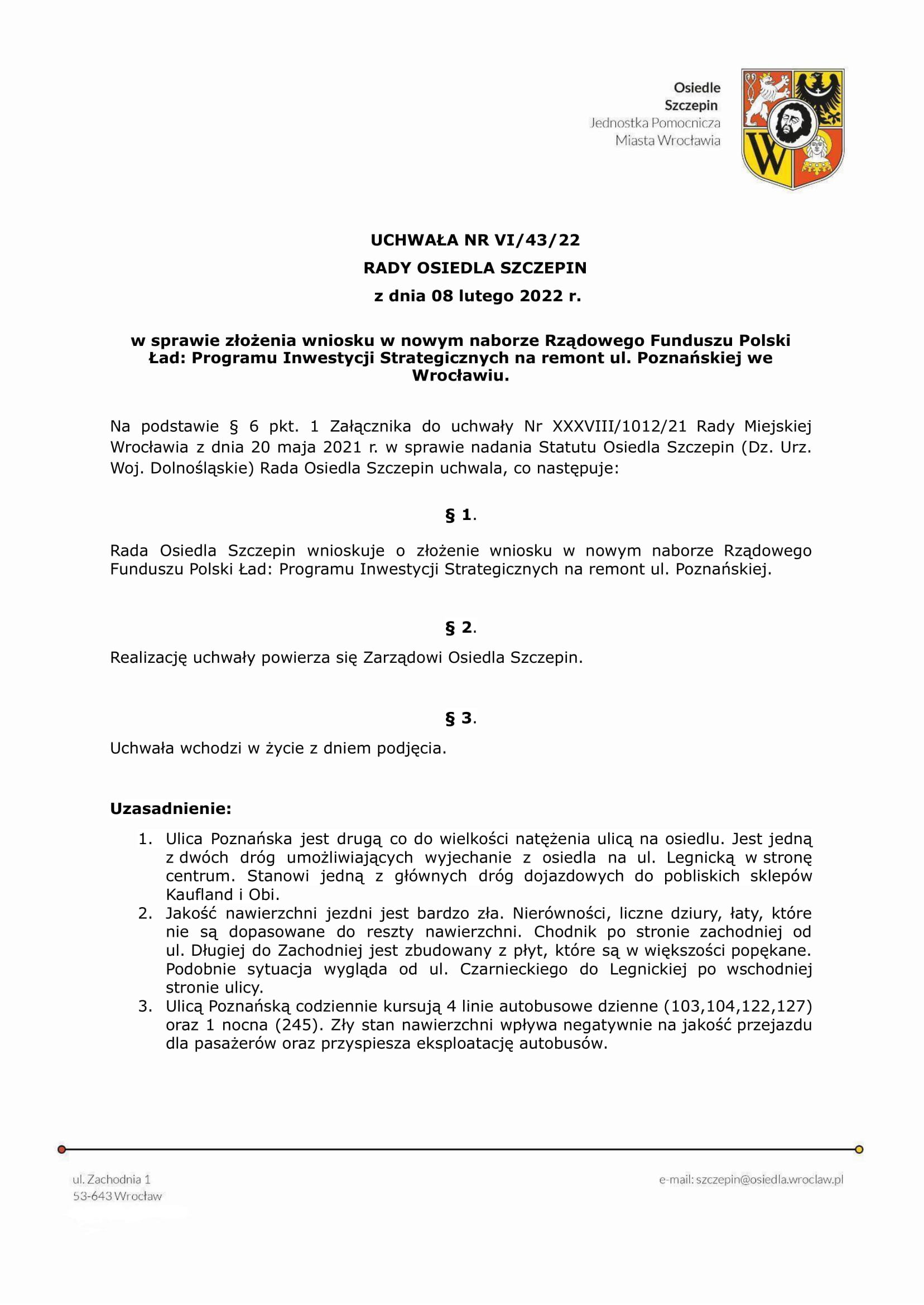Uchwała VI 43 22 W sprawie wniosku o remont Poznanskiej.docx 1
